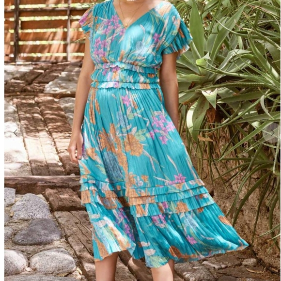 Current Air JASMINE FLUTTER SLEEVE PLEATED V NECK DRESS- MINT Size Small - Picture 2 of 12